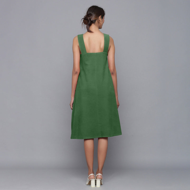 Back View of a Model wearing Moss Green Corduroy Flared Dress