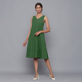 Front View of a Model wearing Moss Green Corduroy Flared Dress