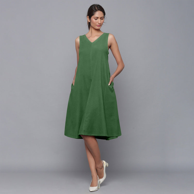 Front View of a Model wearing Moss Green Corduroy Flared Dress