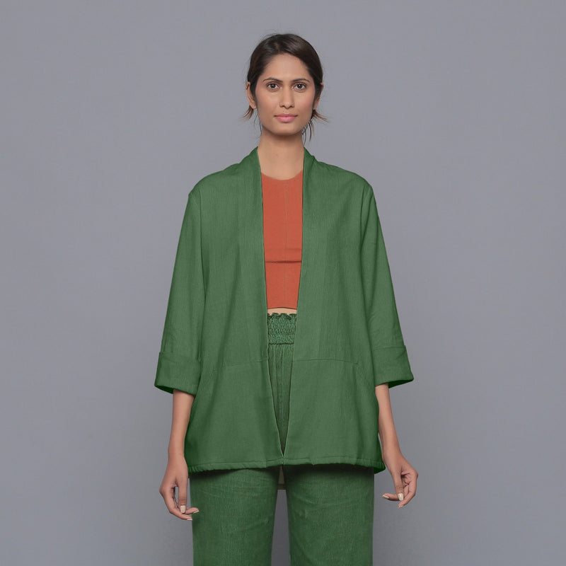 Front View of a Model wearing Moss Green Corduroy Front Open Overlay