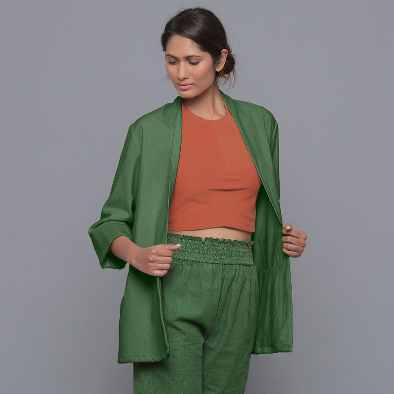Front View of a Model wearing Moss Green Corduroy Front Open Overlay