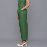 Left View of a Model wearing Moss Green Cotton Corduroy Pant