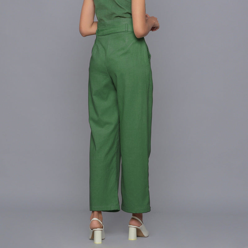 Back View of a Model wearing Moss Green Cotton Corduroy Pant