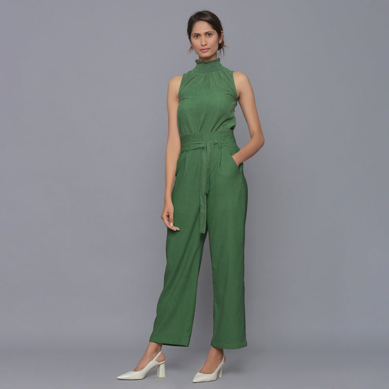 Front View of a Model wearing Moss Green Cotton Corduroy Pant