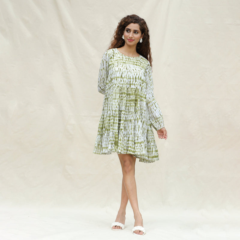 Front View of a Model wearing Moss Green Shibori Tie-Dye Cotton Tier Short Dress