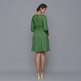 Back View of a Model wearing Moss Green V-Neck Corduroy Dress