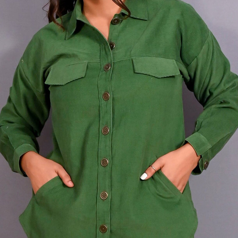 Front Detail of a Model wearing Moss Green Warm Cotton Corduroy Button-Down Shacket