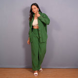 Front View of a Model wearing Moss Green Warm Cotton Corduroy Button-Down Shacket