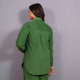 Back View of a Model wearing Moss Green Warm Cotton Corduroy Button-Down Shacket