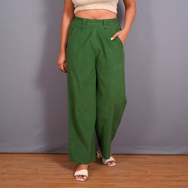 Front View of a Model wearing Moss Green Warm Cotton Corduroy Elasticated Wide Legged Pant