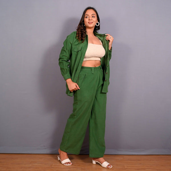 Right View of a Model wearing Moss Green Warm Cotton Corduroy Elasticated Wide Legged Pant