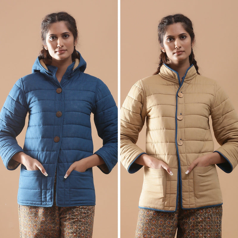 Front View of a Model wearing Reversible Detachable Hoodie Quilted Cotton Jacket