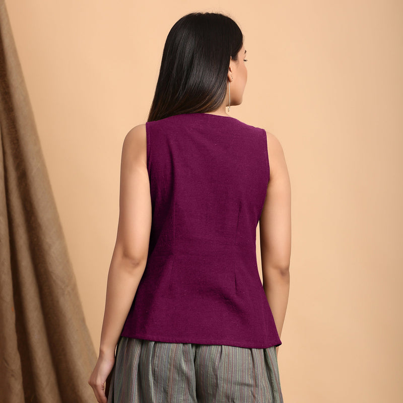 Back View of a Model wearing Mulberry Button Down Pleated Cotton Top