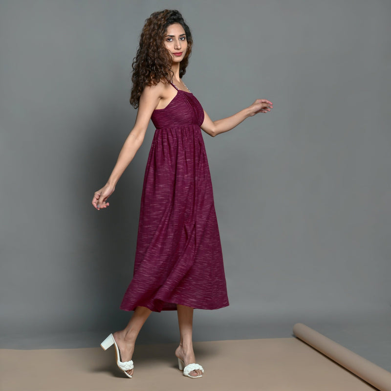 Right View of a Model wearing Mulberry Handspun Cotton Strappy Midi Gathered Dress