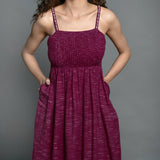 Front Detail of a Model wearing Mulberry Handspun Cotton Strappy Midi Gathered Dress