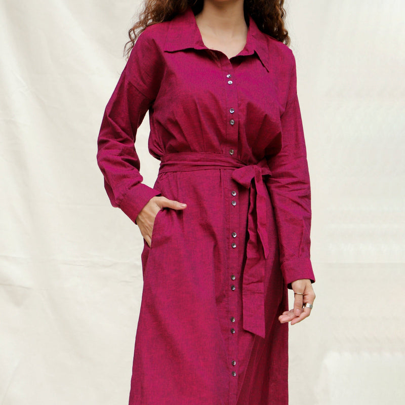 Front Detail of a Model wearing Mulberry Cotton Pleated Button-Down Maxi Dress