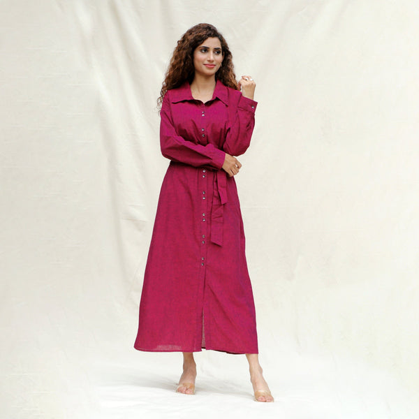 Front View of a Model wearing Mulberry Cotton Pleated Button-Down Maxi Dress