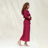 Back View of a Model wearing Mulberry Cotton Pleated Button-Down Maxi Dress
