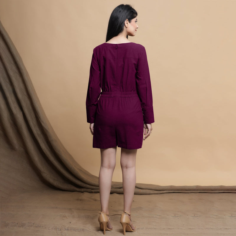 Back View of a Model wearing Mulberry Cotton Square Neck Gathered Romper