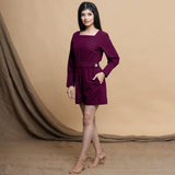 Left View of a Model wearing Mulberry Cotton Square Neck Gathered Romper