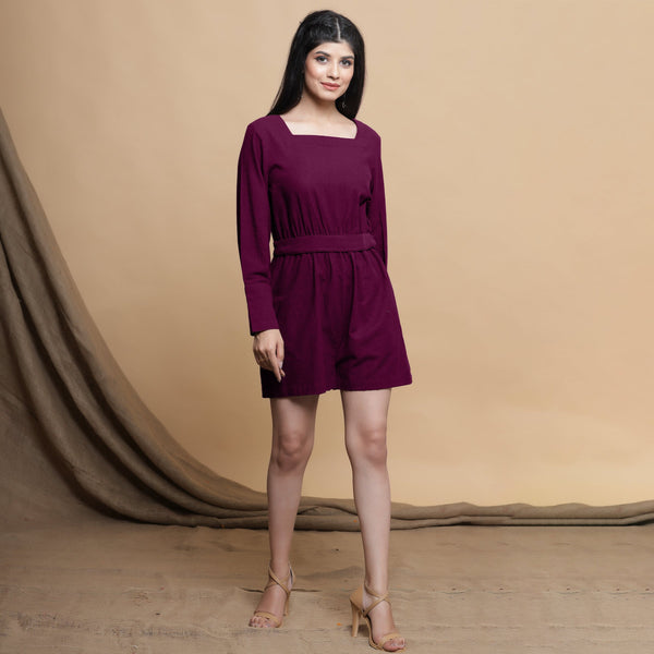 Front View of a Model wearing Mulberry Cotton Square Neck Gathered Romper