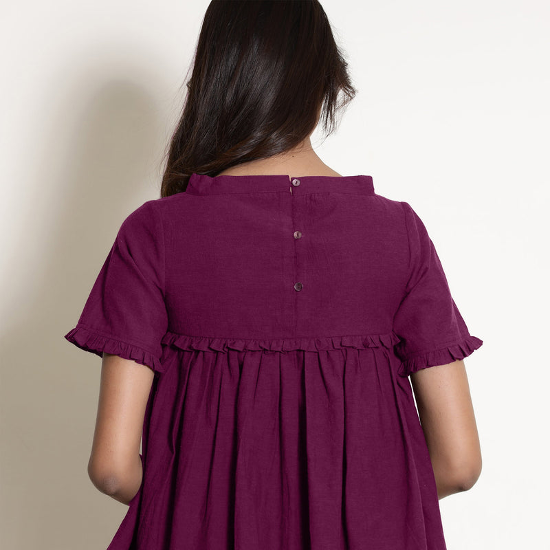 Back Detail of a Model wearing Mulberry Gathered Frilled Cotton Top