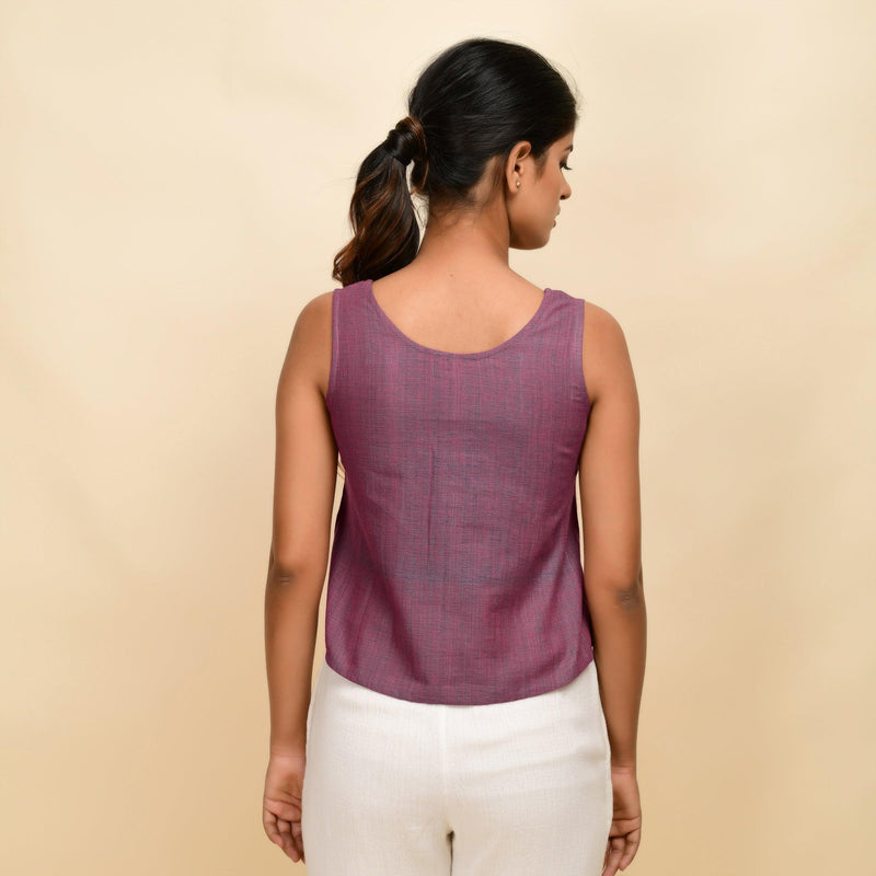 Back View of a Model wearing Mulberry Handspun Cotton Round Neck Sleeveless Top