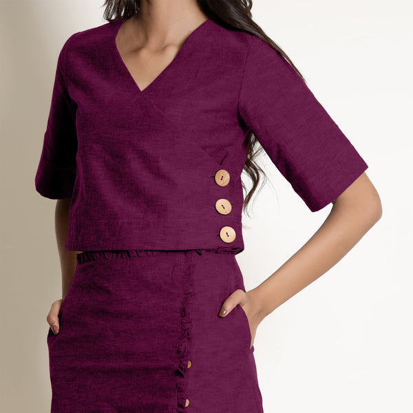Front Detail of a Model wearing Mulberry Warm V-Neck Wrap Cotton Top