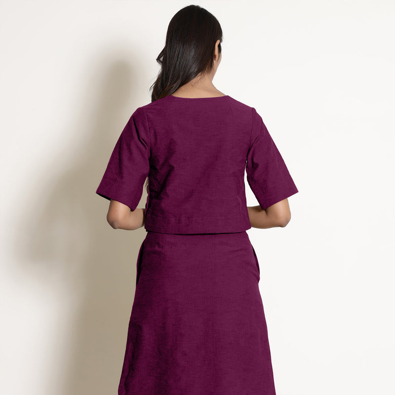 Back View of a Model wearing Mulberry Warm V-Neck Wrap Cotton Top