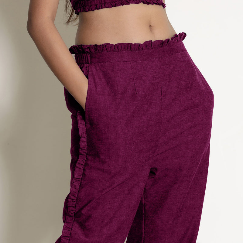 Front Detail of a Model wearing Warm Mulberry Frilled Straight Pant