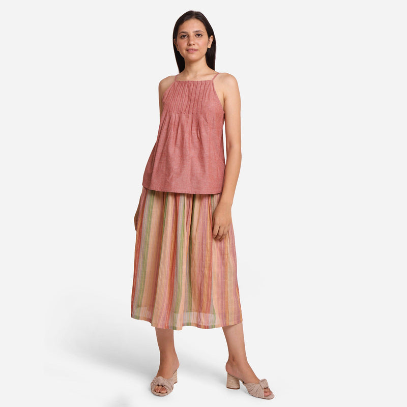 Front View of a Model wearing Multicolor Cotton Striped Pleated Skirt