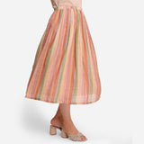 Right View of a Model wearing Multicolor Cotton Striped Pleated Skirt