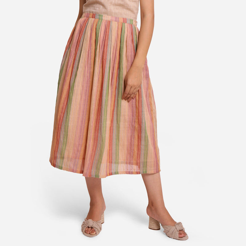 Front View of a Model wearing Multicolor Cotton Striped Pleated Skirt