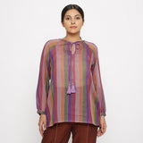 Front View of a Model wearing Multicolor Handwoven Cotton Peasant Top