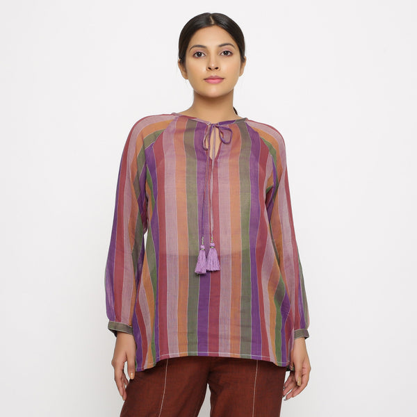 Front View of a Model wearing Multicolor Handwoven Cotton Peasant Top