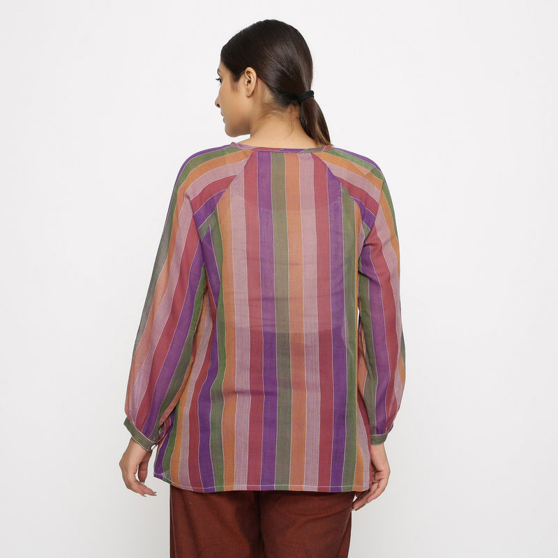 Back View of a Model wearing Multicolor Handwoven Cotton Peasant Top