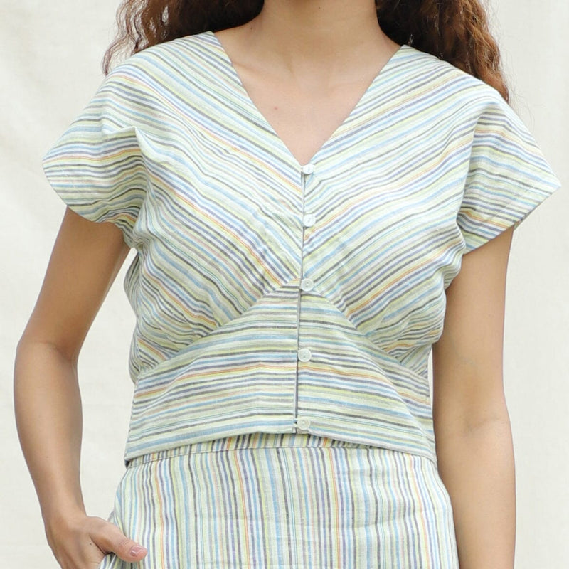 Front Detail of a Model wearing Multicolor Striped Handspun Cotton V-Neck Blouson Blouse