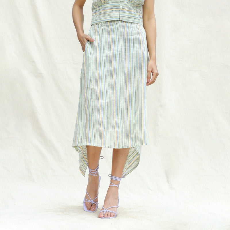 Front View of a Model wearing Multicolor Stripes Cotton Back Slit Asymmetric Skirt