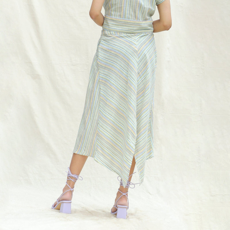 Back View of a Model wearing Multicolor Stripes Cotton Back Slit Asymmetric Skirt