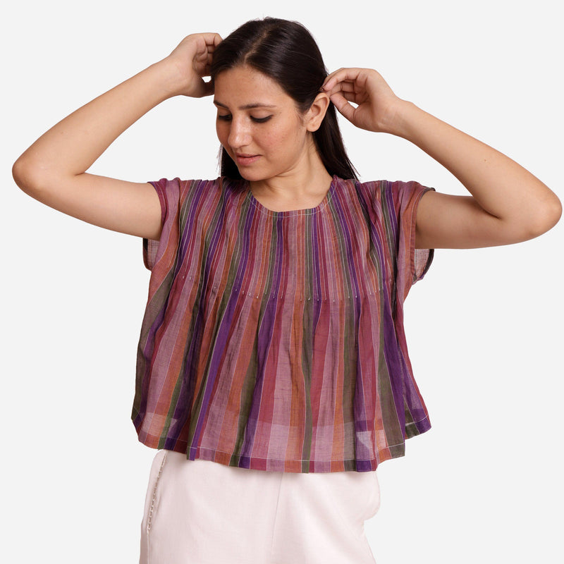 Front View of a Model wearing Multicolor Stripes Handwoven Cotton Top