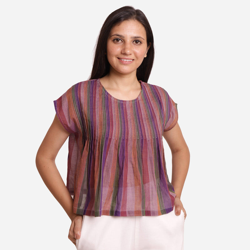 Front View of a Model wearing Multicolor Stripes Handwoven Cotton Top
