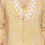 Front Detail of a Model wearing Mustard Ditsy Block Printed Cotton Straight Top