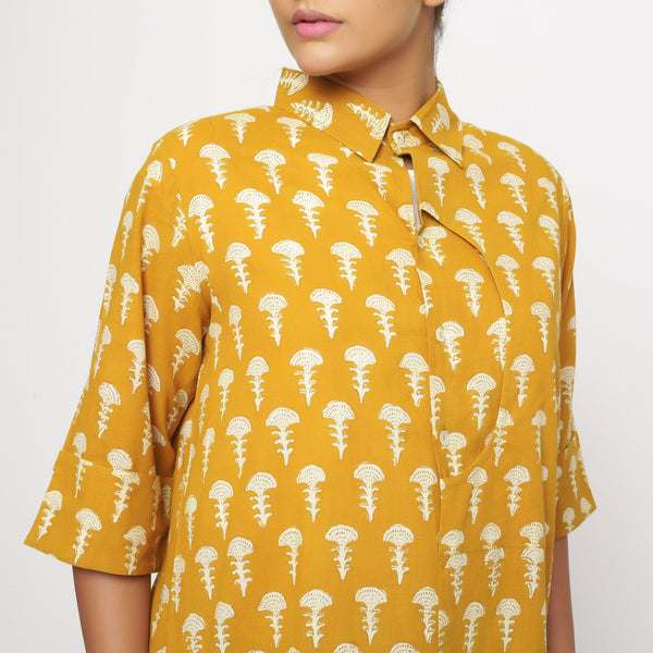 Front Detail of a Model wearing Mustard Block Printed Button-Down Shirt