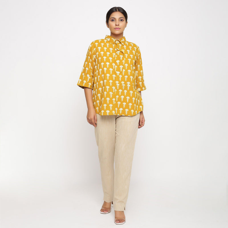 Front View of a Model wearing Mustard Block Printed Button-Down Shirt