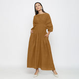 Mustard Yarn Dyed Cotton Ankle Length Pleated Flared Dress