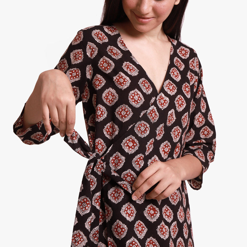 Front Detail of a Model wearing Natural Dyed Bagru Printed Wrap Dress