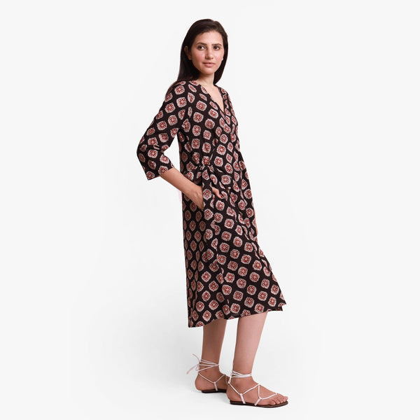 Right View of a Model wearing Natural Dyed Bagru Printed Wrap Dress