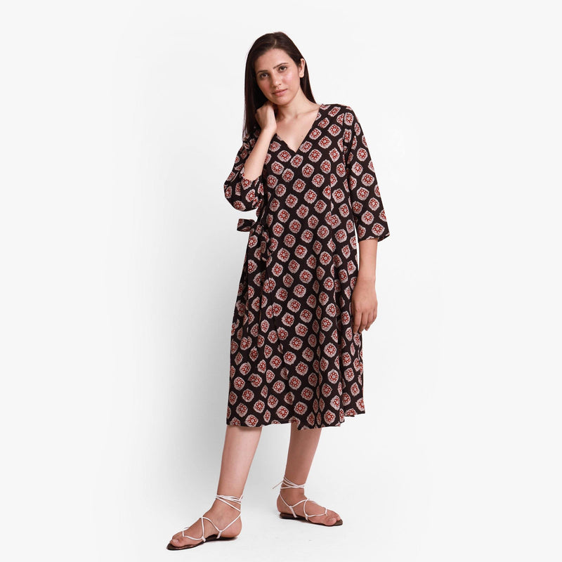 Front View of a Model wearing Natural Dyed Bagru Printed Wrap Dress