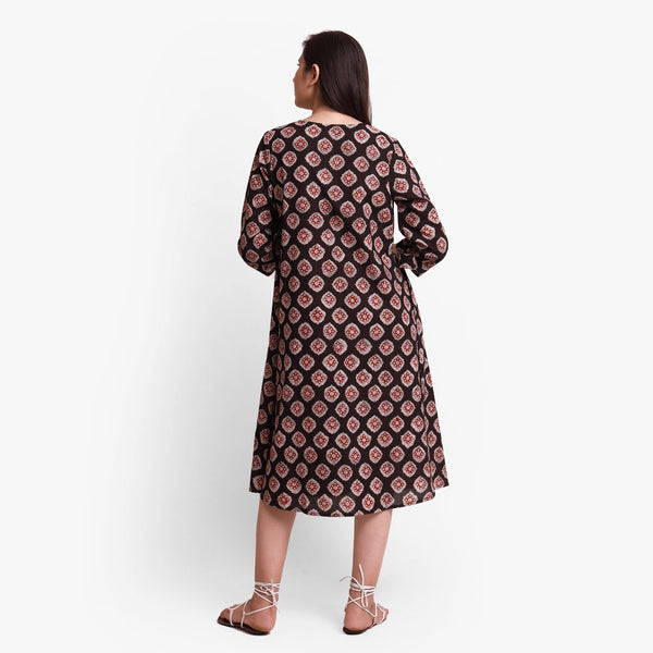 Back View of a Model wearing Natural Dyed Bagru Printed Wrap Dress