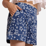 Front Detail of a Model wearing Natural Dyed Floral Block Print Cotton Shorts